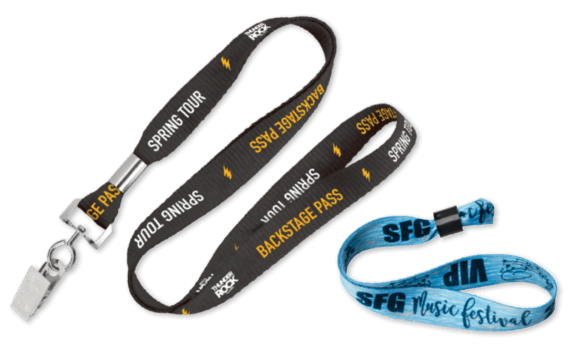 A black lanyard and a blue wristband