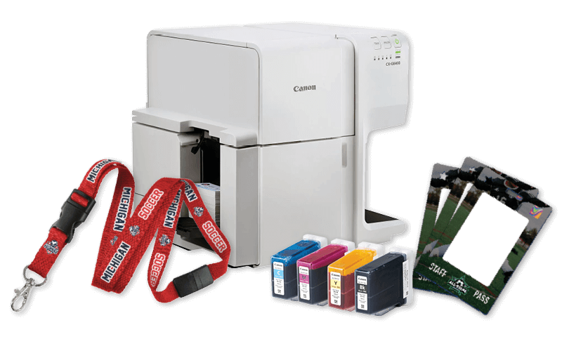 Event badge supplies (a Canon printer, red lanyard, ink ,and pre-printed card stock)