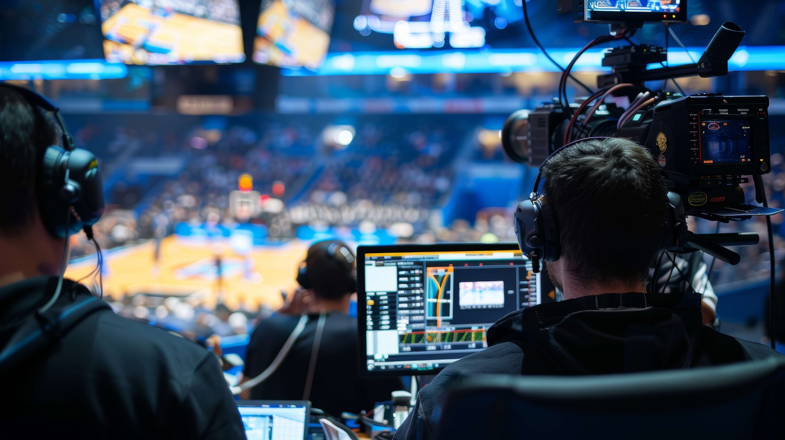 behind the scenes at a basketball game in large sporting event arena