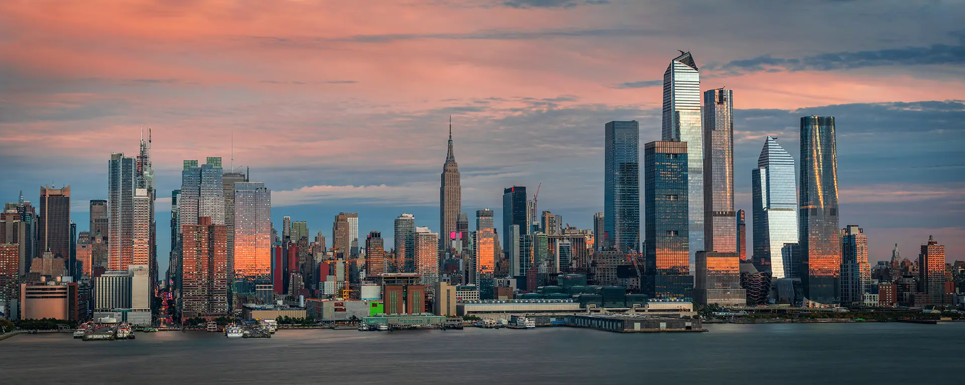 The New York skyline at dusk with the Jacob Javis Center prominent near the center