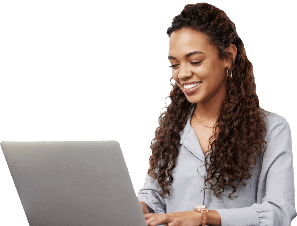 Smiling woman working on laptop